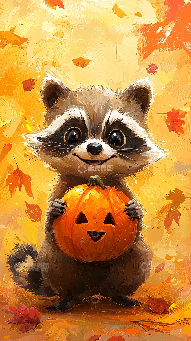 高清大图下载【趣麦麦图】可爱浣熊抱着南瓜