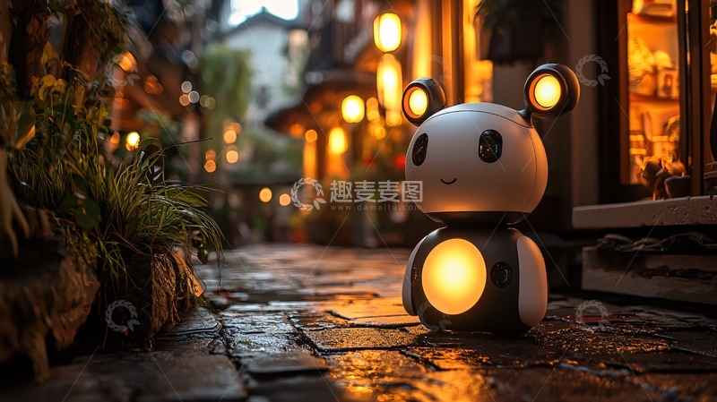 高清大图下载【趣麦麦图】夜晚街道熊猫机器人