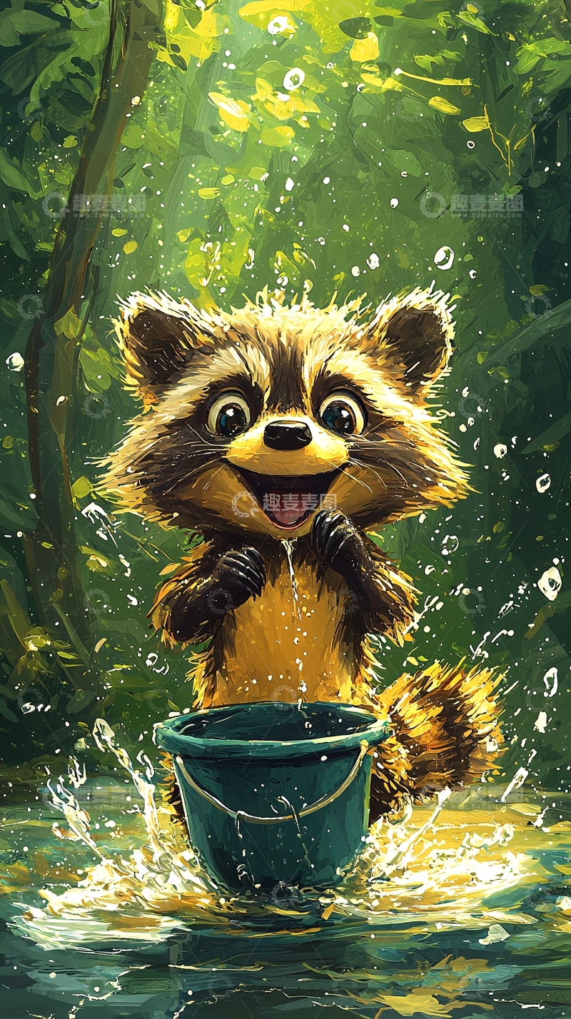 高清大图下载【趣麦麦图】卡通浣熊在水中嬉戏