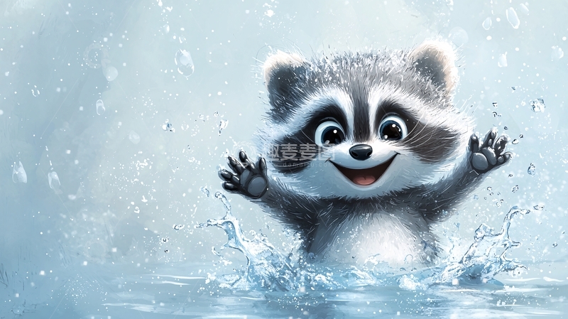 高清大图下载【趣麦麦图】水中拥抱的可爱浣熊