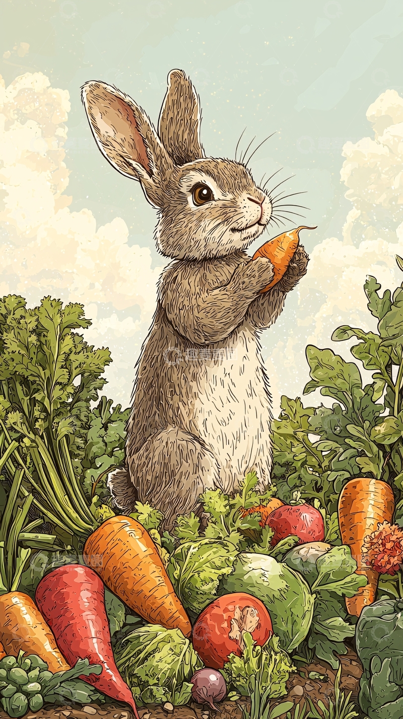 高清大图下载【趣麦麦图】可爱的兔子拿着胡萝卜
