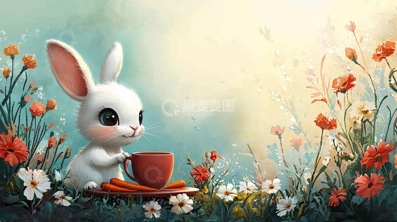 高清大图下载【趣麦麦图】小白兔喝茶