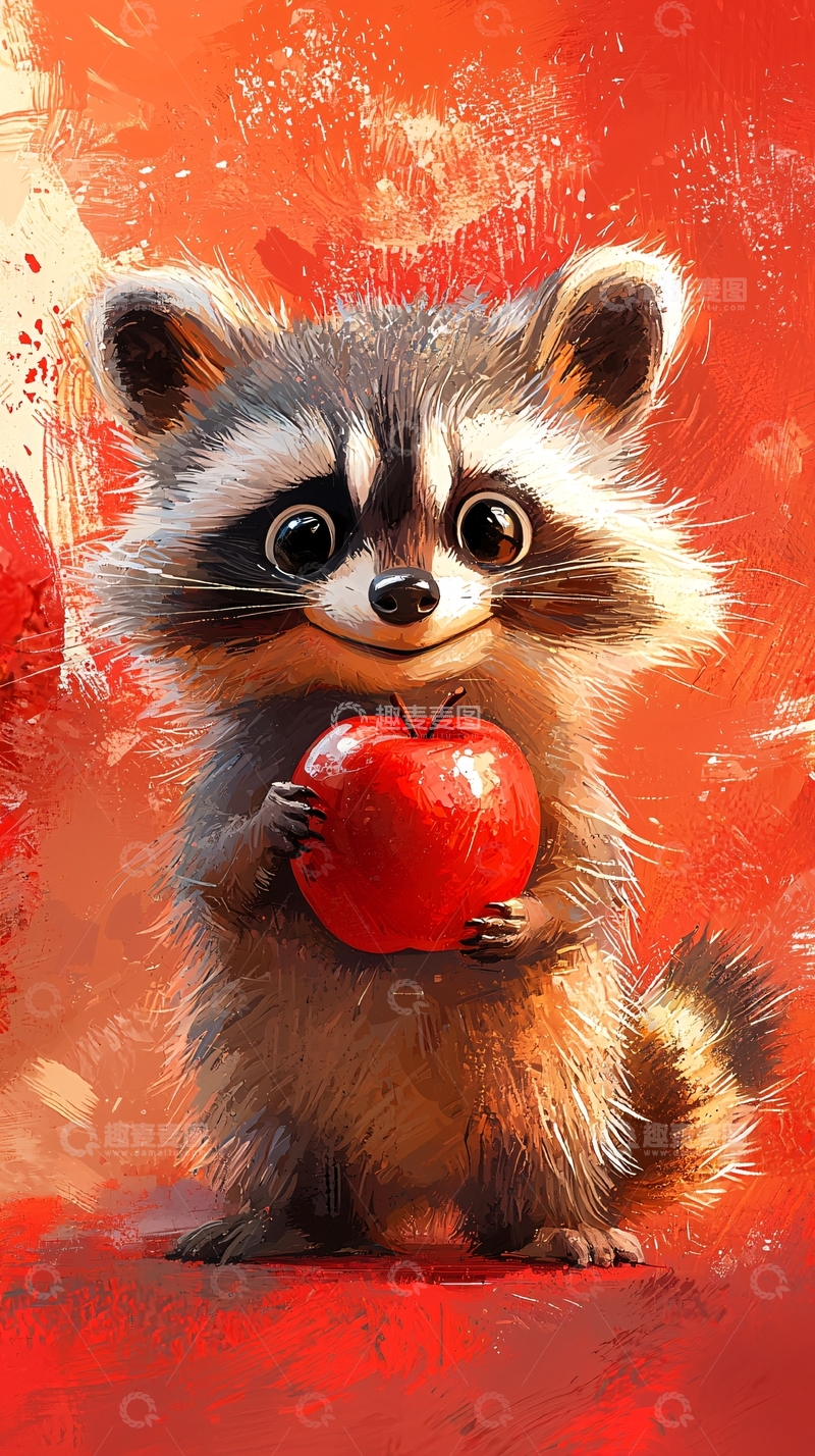 高清大图下载【趣麦麦图】可爱浣熊拿着红苹果