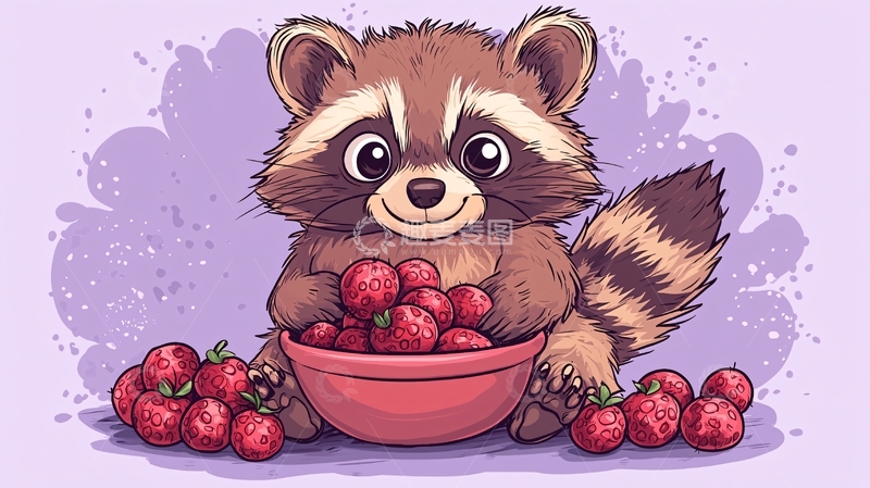 高清大图下载【趣麦麦图】可爱浣熊吃草莓