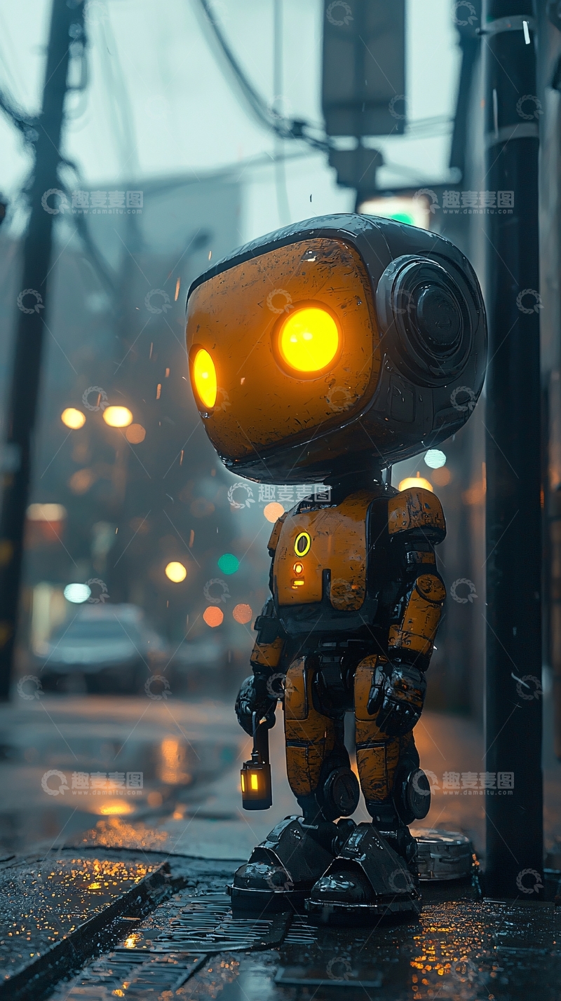 高清大图下载【趣麦麦图】雨夜小机器人