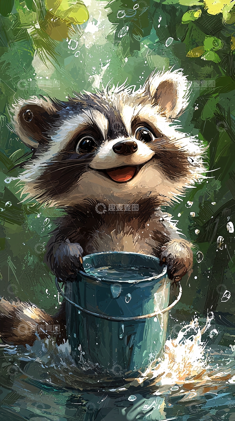 高清大图下载【趣麦麦图】可爱浣熊提桶玩水