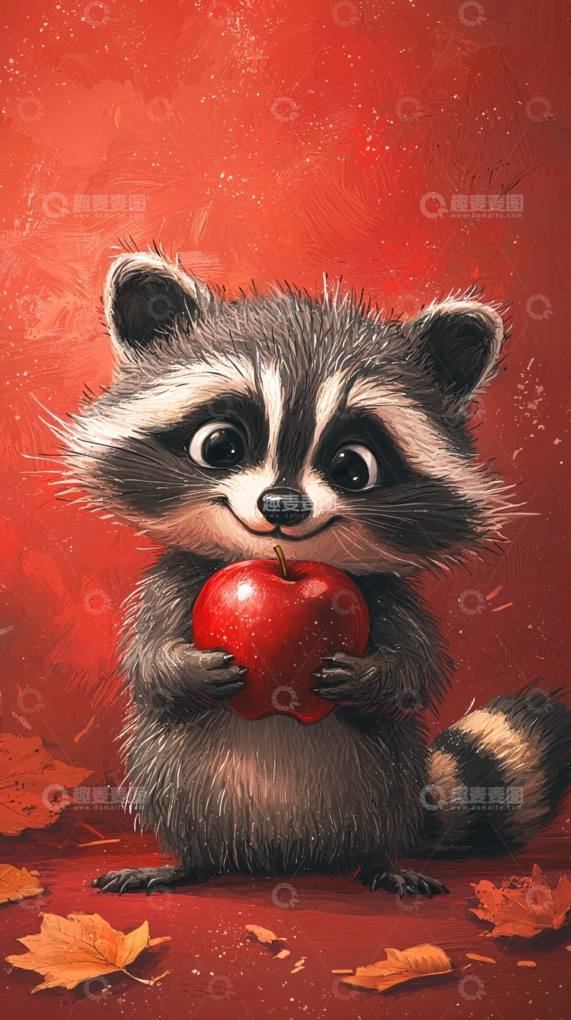 高清大图下载【趣麦麦图】萌系浣熊吃苹果