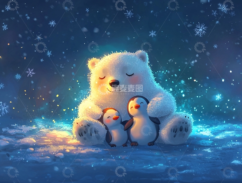 高清大图下载【趣麦麦图】白熊拥抱企鹅在雪地里