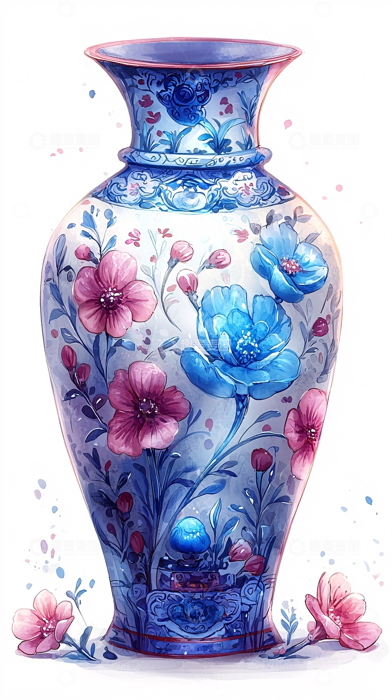 高清大图下载【趣麦麦图】蓝色花卉瓷瓶