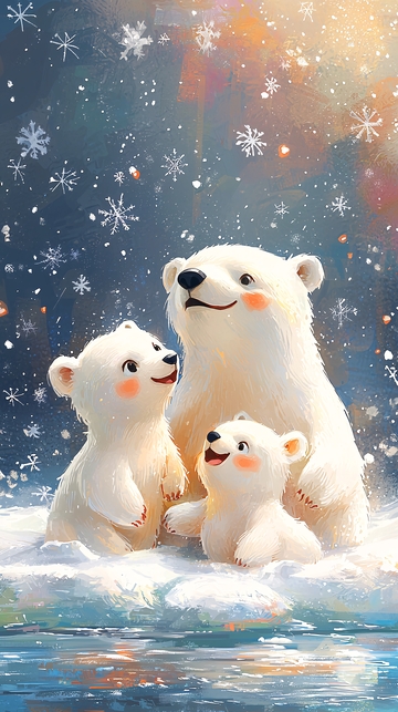 北极熊一家三口雪景图
