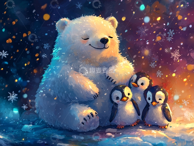 高清大图下载【趣麦麦图】北极熊和企鹅的温馨图