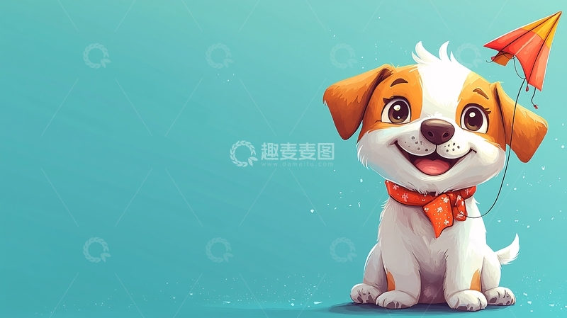 高清大图下载【趣麦麦图】卡通小狗放风筝的图片