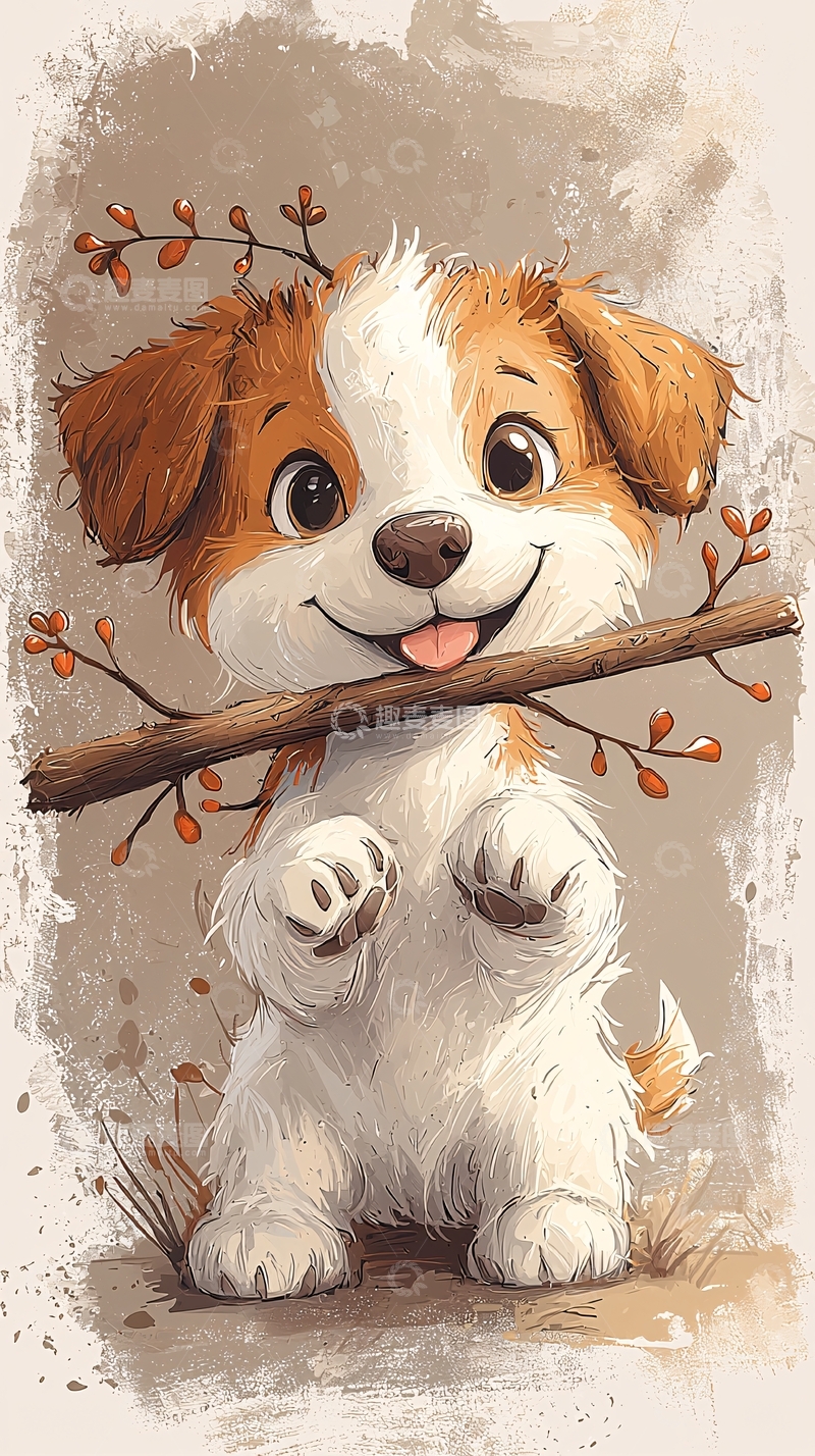 高清大图下载【趣麦麦图】可爱小狗叼树枝