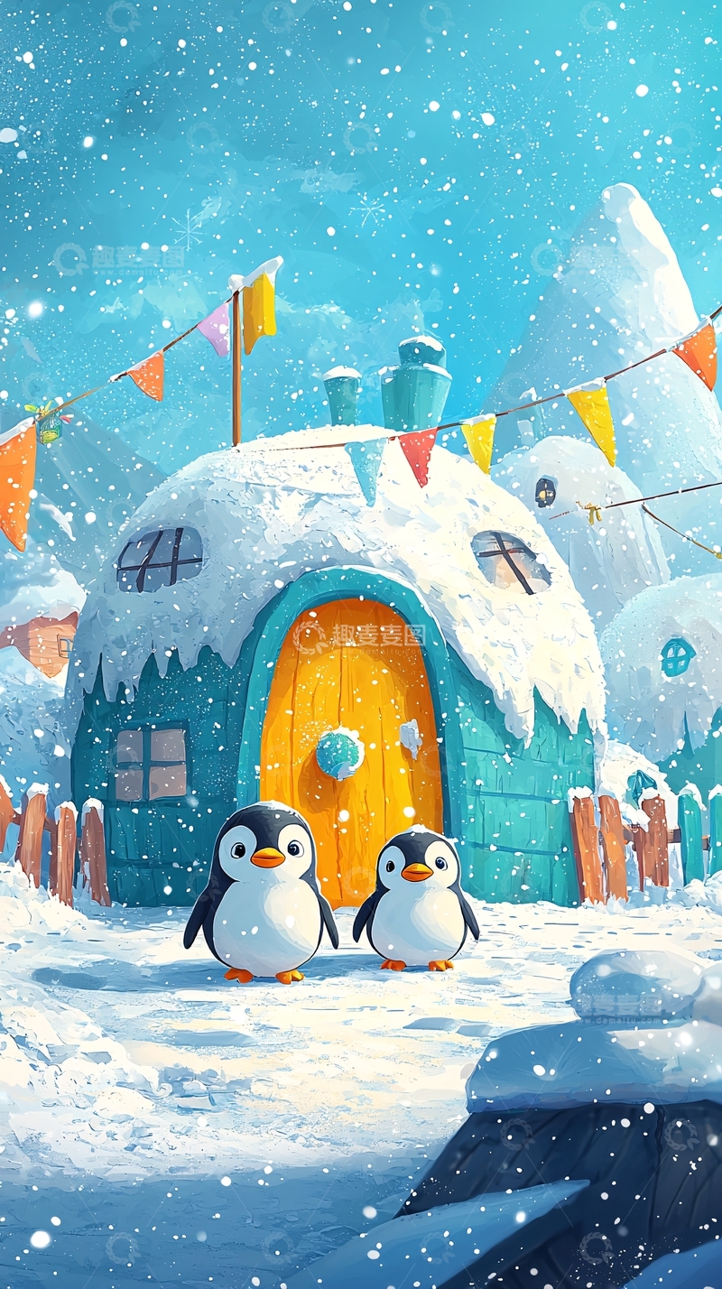 高清大图下载【趣麦麦图】雪地企鹅小屋