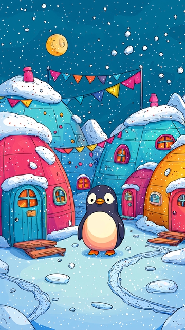 企鹅雪屋卡通村庄