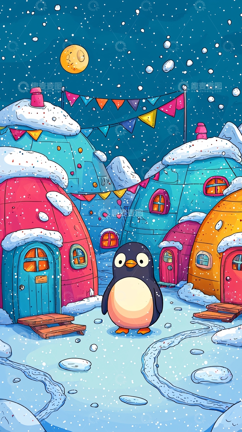 高清大图下载【趣麦麦图】企鹅雪屋卡通村庄