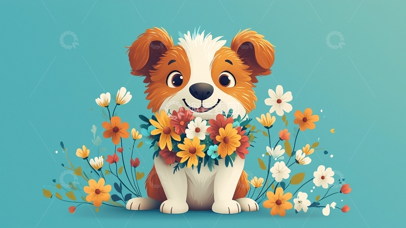 高清大图下载【趣麦麦图】可爱小狗鲜花花环