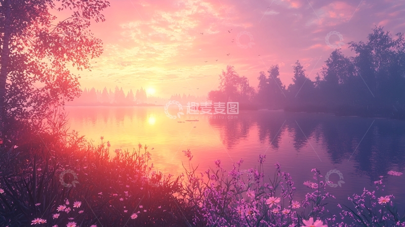 高清大图下载【趣麦麦图】唯美日出湖景