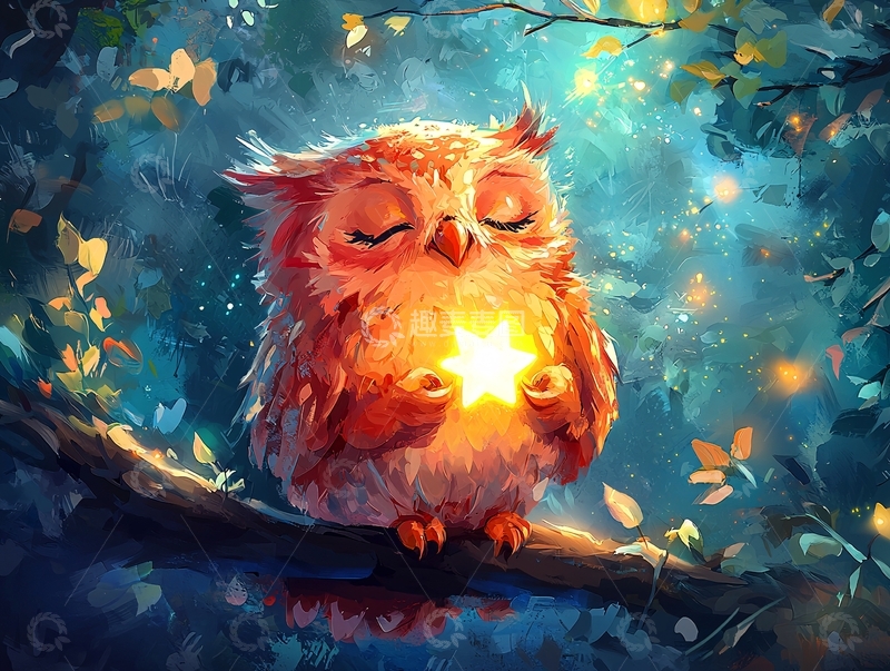 高清大图下载【趣麦麦图】可爱猫头鹰抱着星星