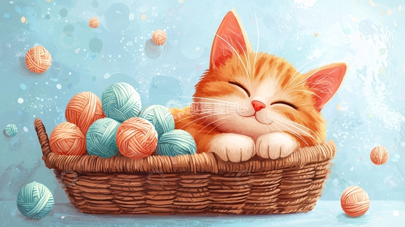 高清大图下载【趣麦麦图】可爱猫咪在篮子里睡觉