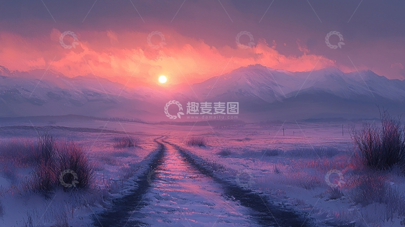 高清大图下载【趣麦麦图】冬日雪景公路日落