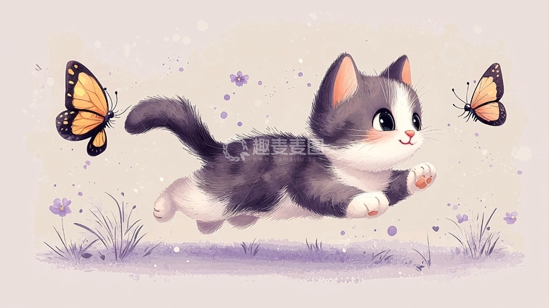 高清大图下载【趣麦麦图】猫追蝴蝶的可爱场景