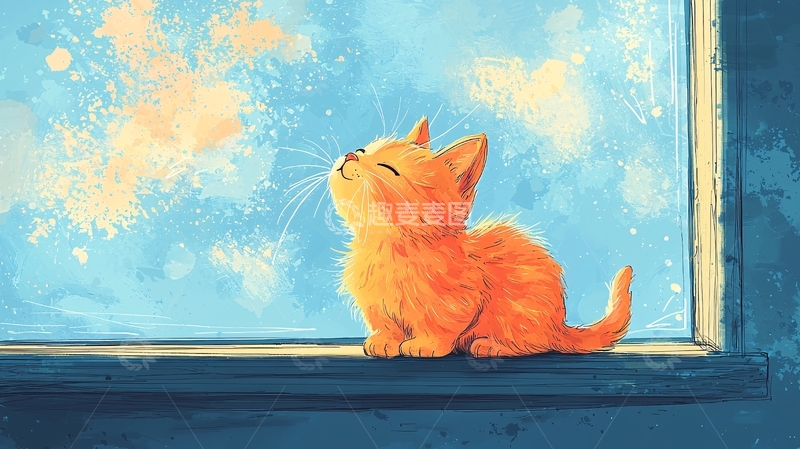 高清大图下载【趣麦麦图】可爱橘猫仰望窗外天空
