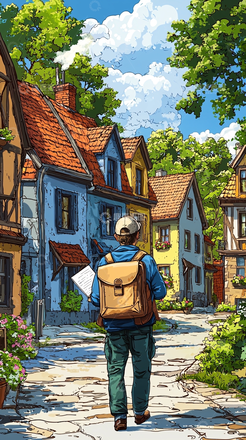 高清大图下载【趣麦麦图】小镇街道上的背包客背影