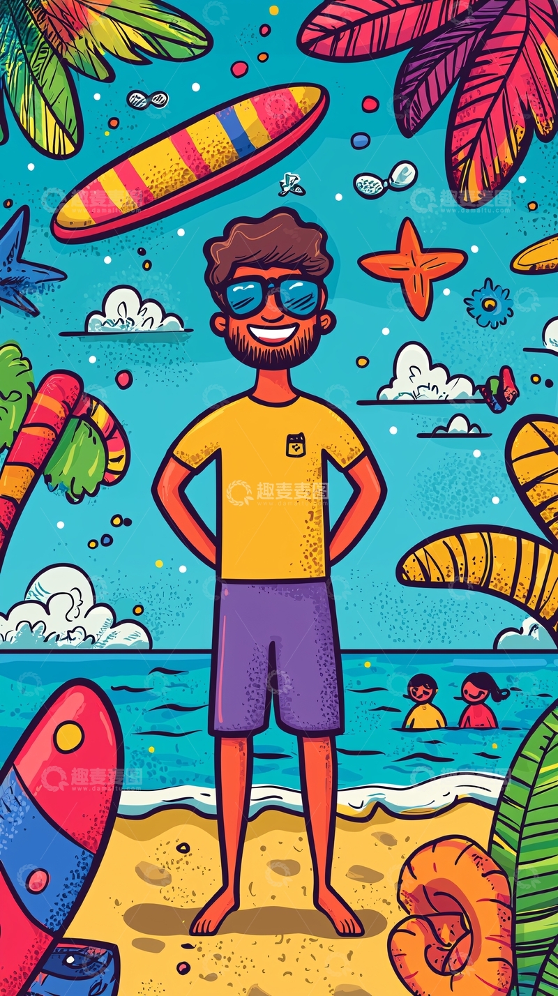 高清大图下载【趣麦麦图】海滩度假卡通人物