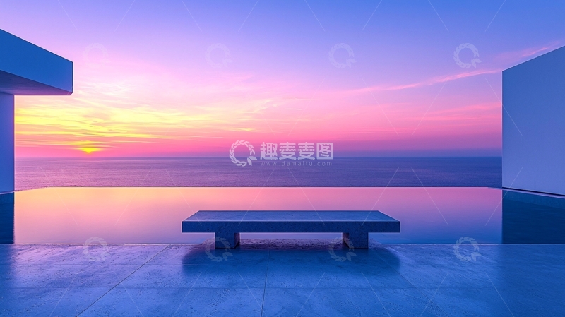 高清大图下载【趣麦麦图】极简风格泳池旁的长凳日落