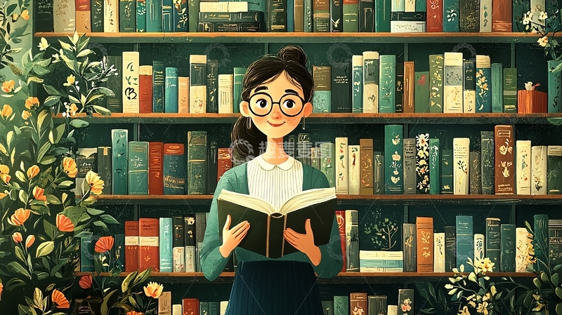高清大图下载【趣麦麦图】读书的女孩站在书架前