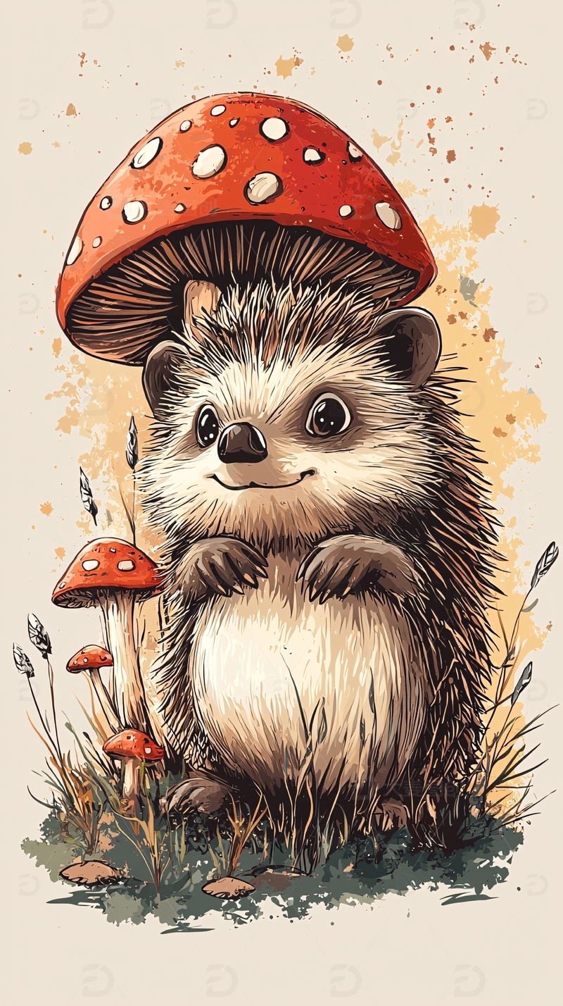 高清大图下载【趣麦麦图】可爱的小刺猬和蘑菇