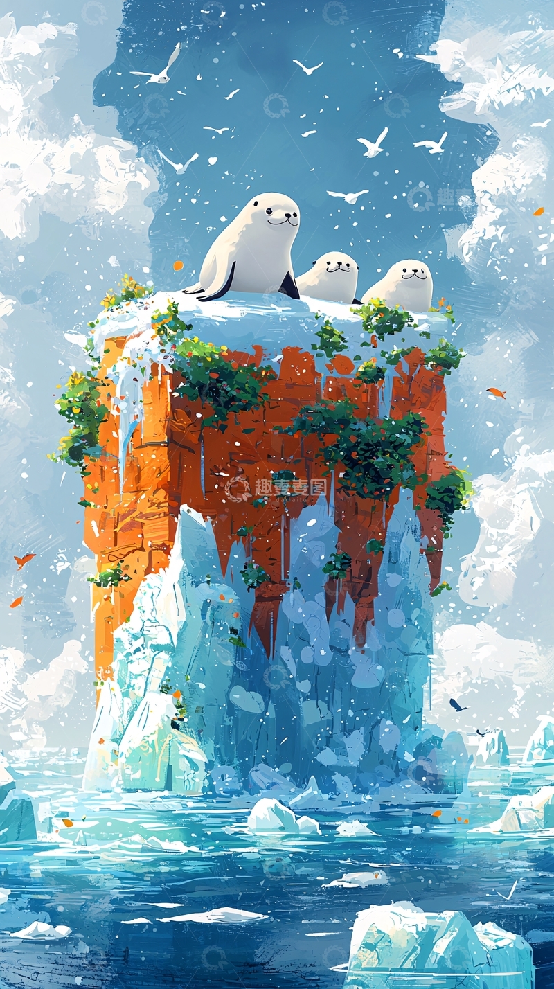 高清大图下载【趣麦麦图】冰山上可爱的海豹一家