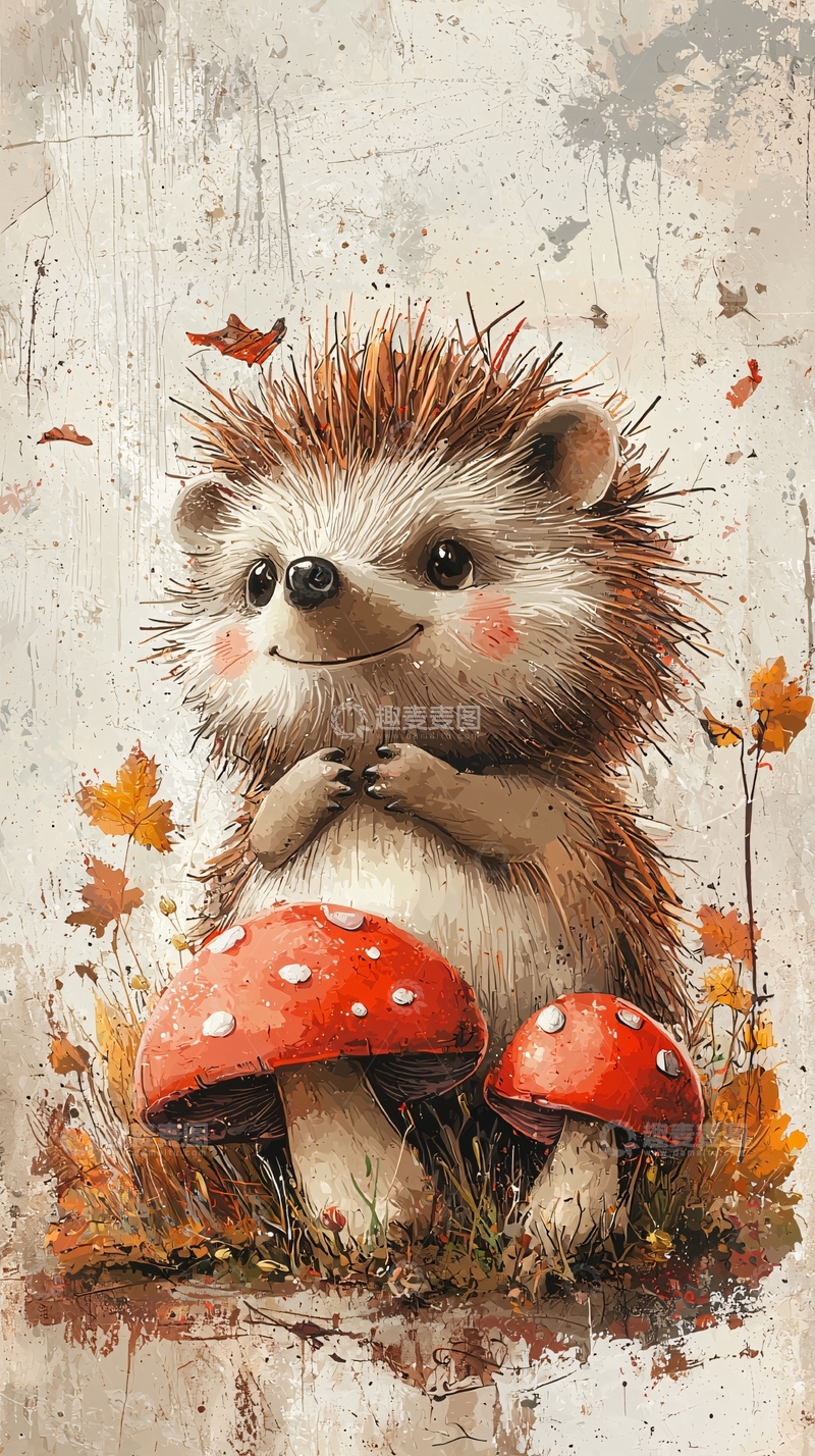 高清大图下载【趣麦麦图】可爱刺猬与红蘑菇