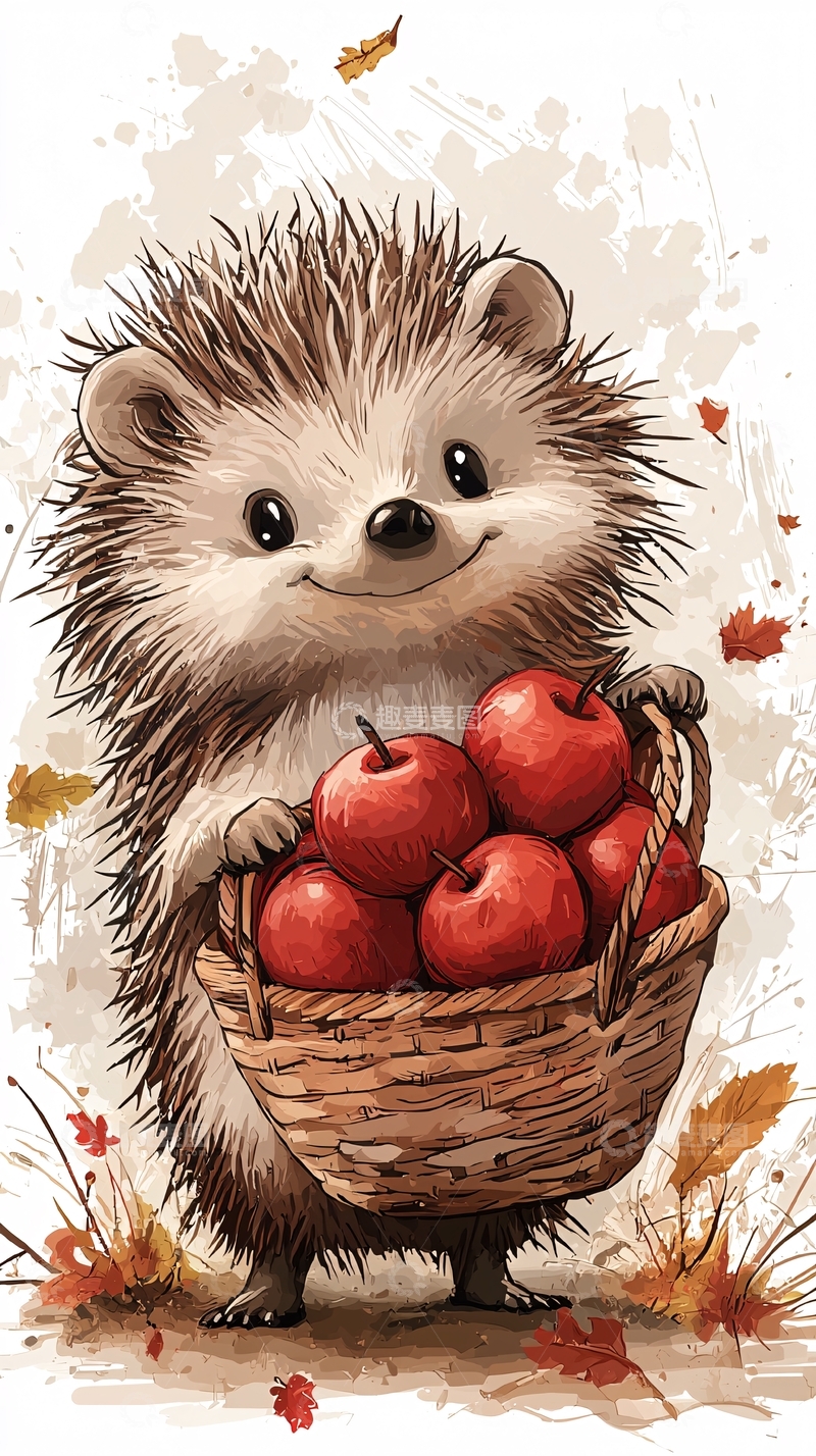 高清大图下载【趣麦麦图】可爱刺猬拿着苹果篮子