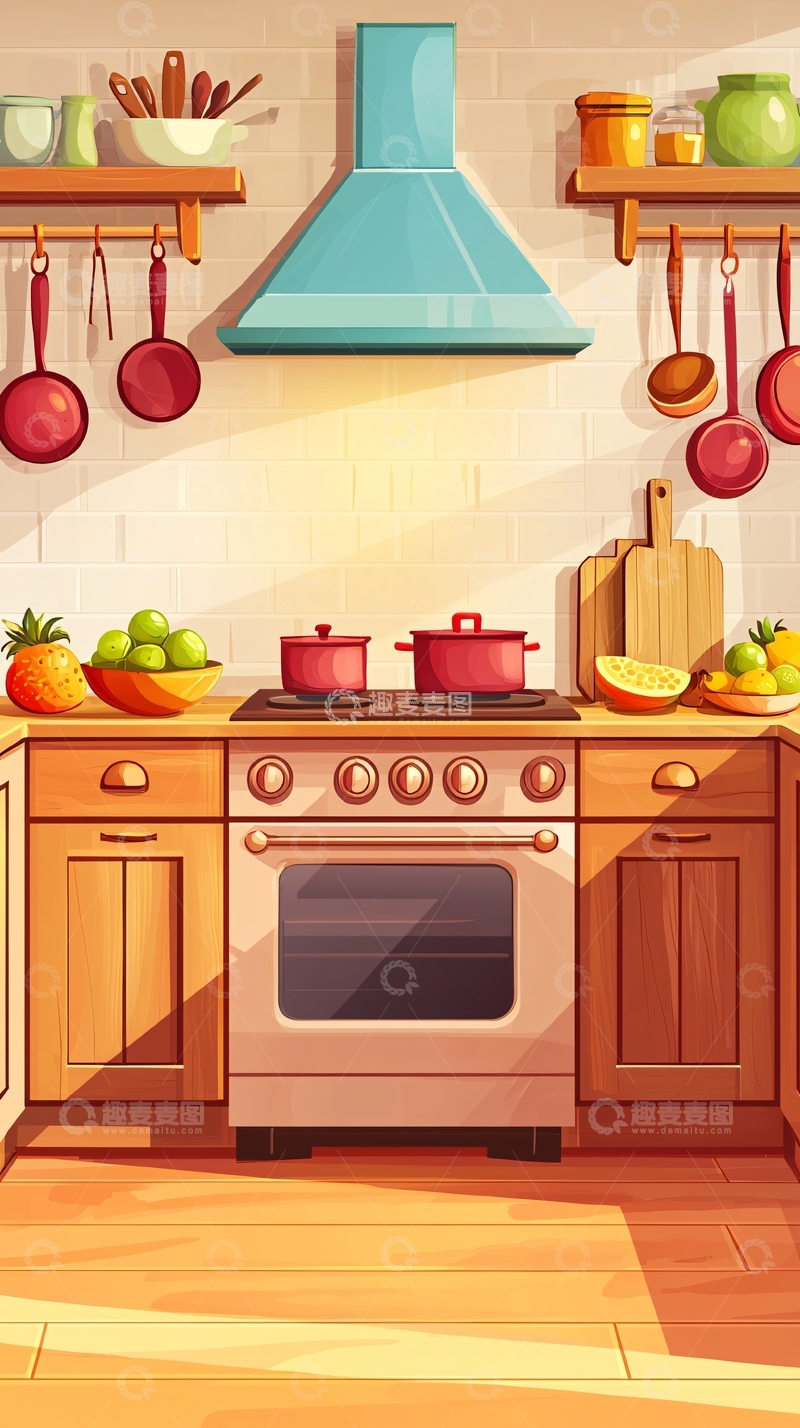 高清大图下载【趣麦麦图】卡通风格的厨房场景