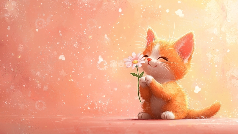 高清大图下载【趣麦麦图】可爱的橙色小猫拿着花