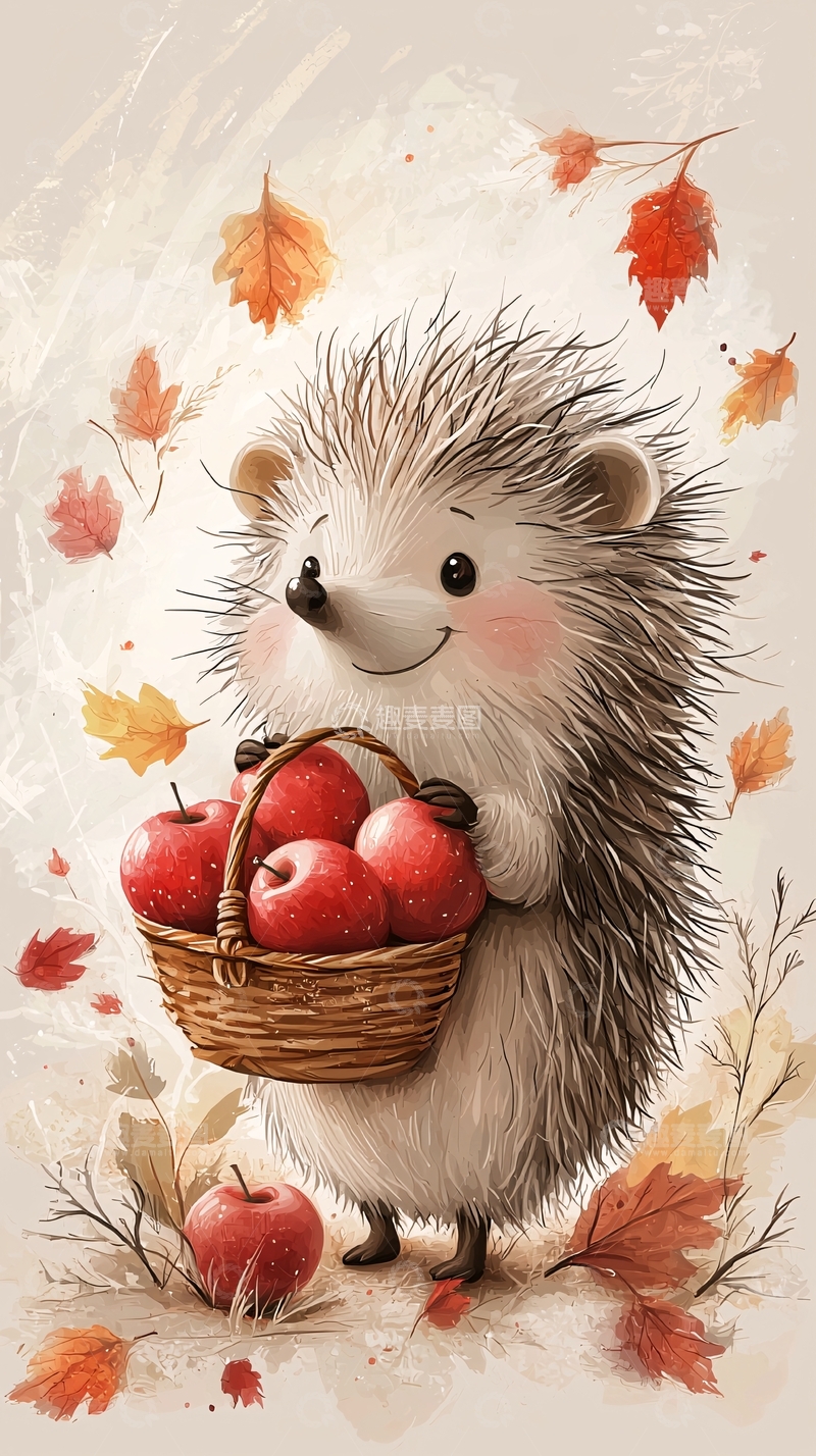 高清大图下载【趣麦麦图】可爱小刺猬抱苹果篮