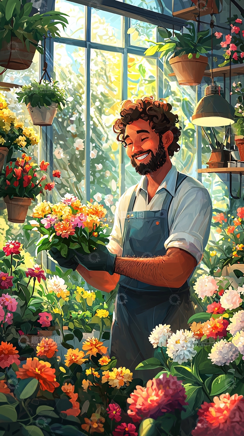 高清大图下载【趣麦麦图】园艺师在温室中赏花