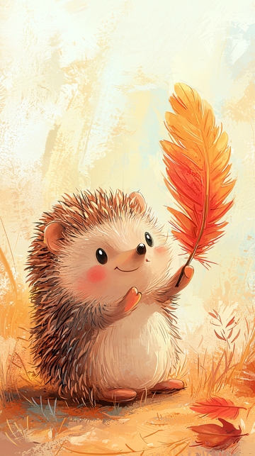 可爱的小刺猬拿羽毛