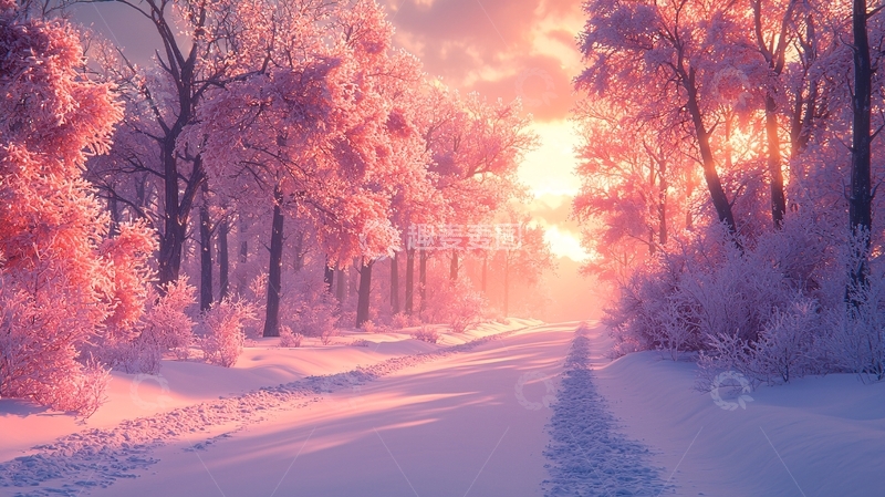 高清大图下载【趣麦麦图】粉色雪景日落