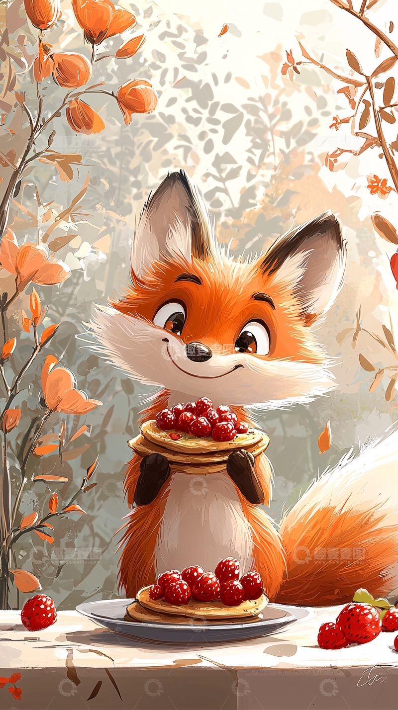 高清大图下载【趣麦麦图】可爱小狐狸捧着浆果煎饼