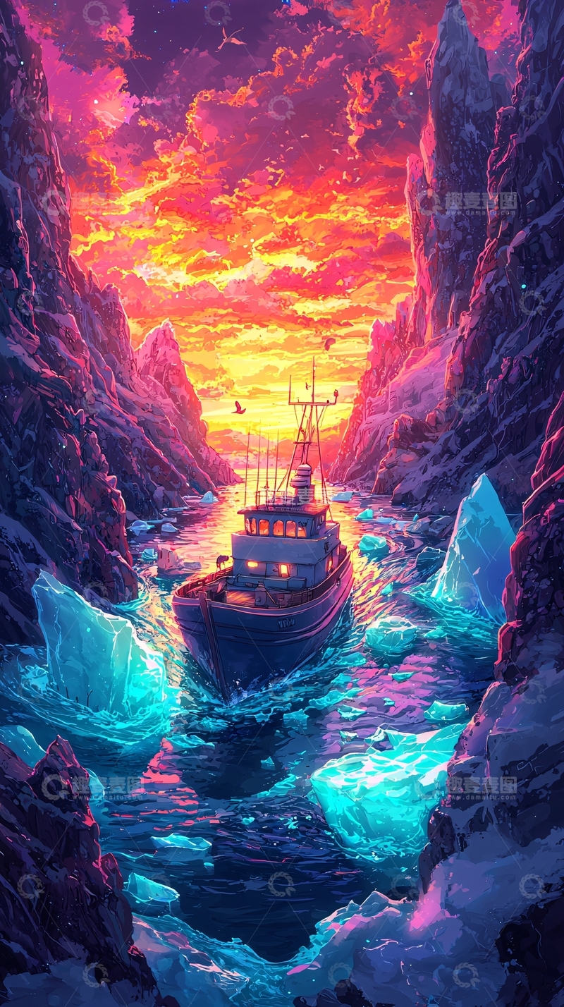 高清大图下载【趣麦麦图】极地峡湾日落渔船