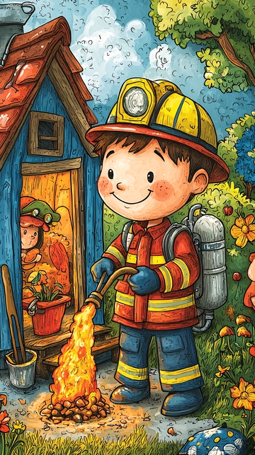 卡通消防员男孩救火