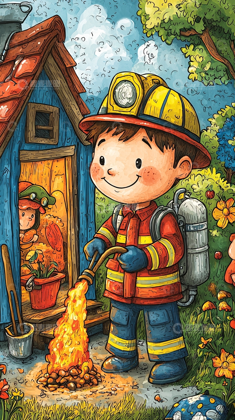 高清大图下载【趣麦麦图】卡通消防员男孩救火