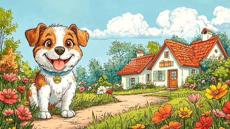高清大图下载【趣麦麦图】卡通狗在田园小屋前