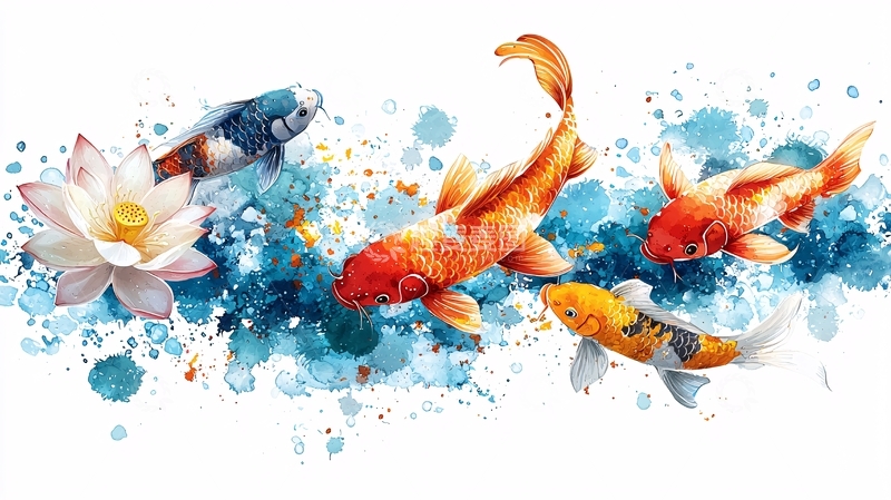 高清大图下载【趣麦麦图】水彩画鲤鱼荷花