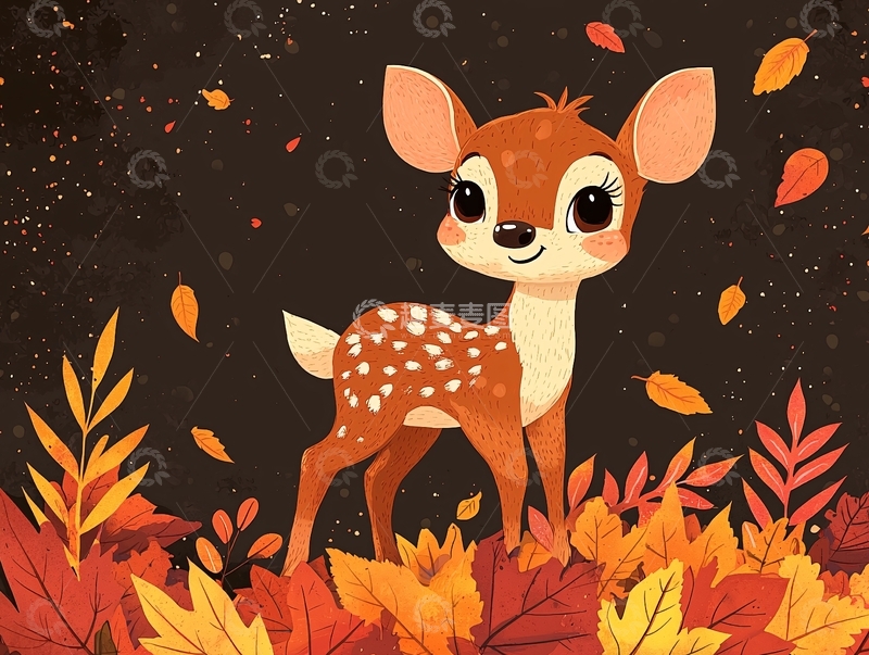高清大图下载【趣麦麦图】卡通小鹿秋叶背景