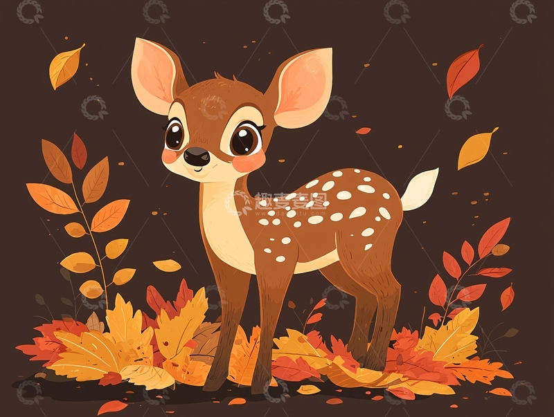 高清大图下载【趣麦麦图】可爱小鹿与秋叶