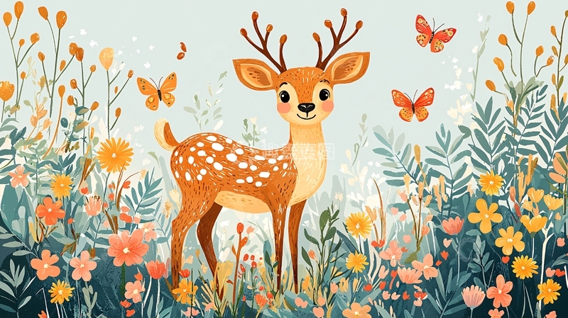 高清大图下载【趣麦麦图】卡通小鹿在花丛中